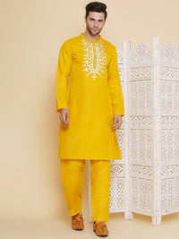 Thumbnail for Men Yellow Embroidered ethnic motifs Festive Kurta Pyjamas - Bhama - Distacart