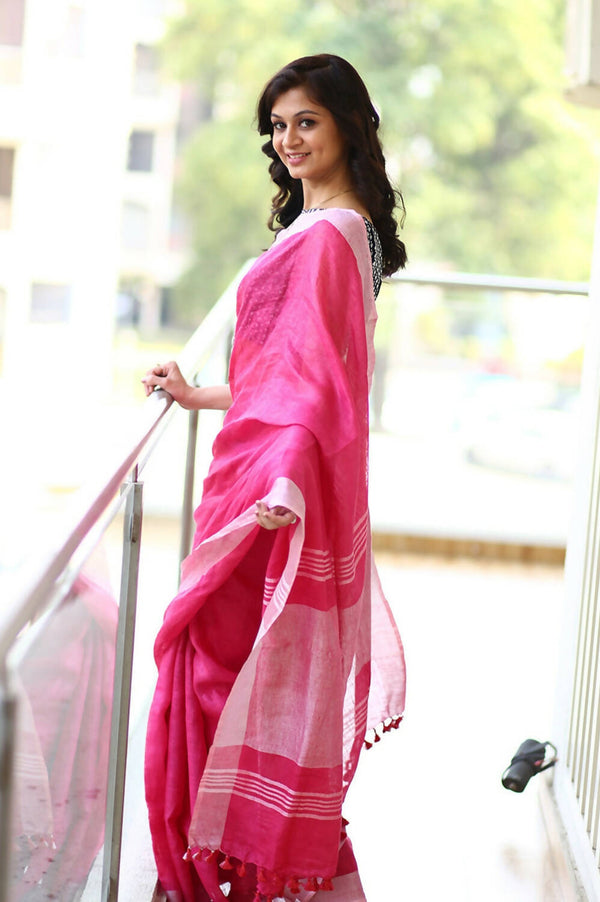 Pure Linen Pink Saree Aanya – Kamakhyaa