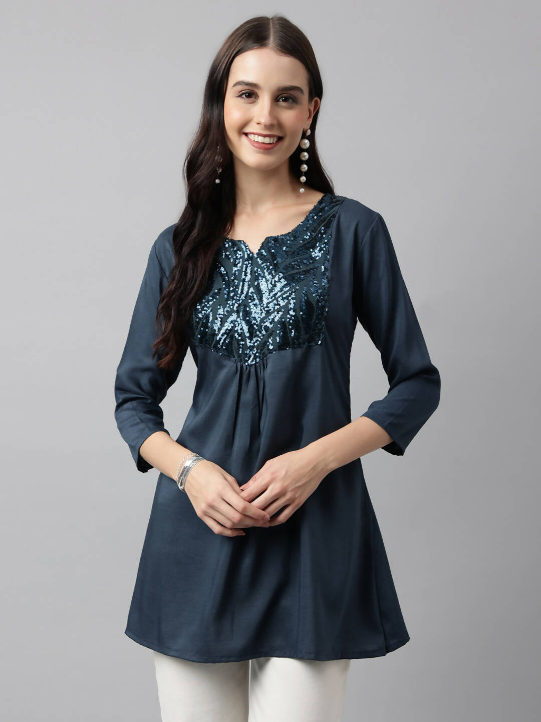 Teal Poly Cotton Yoke Sequence Embroidered A-line Top - Bosky - Distacart