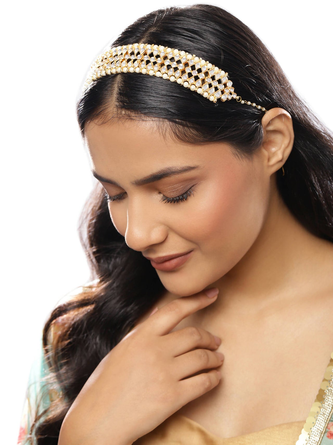 Gold-Plated White Kundan-Studded Pearl Beaded Hair Band - Ruby Raang - Distacart