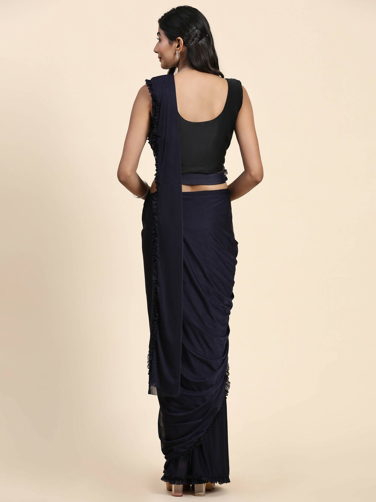 Navy Blue Imported Fabric Plain Ready to wear Saree with stitched Blouse - Vrinda - Distacart