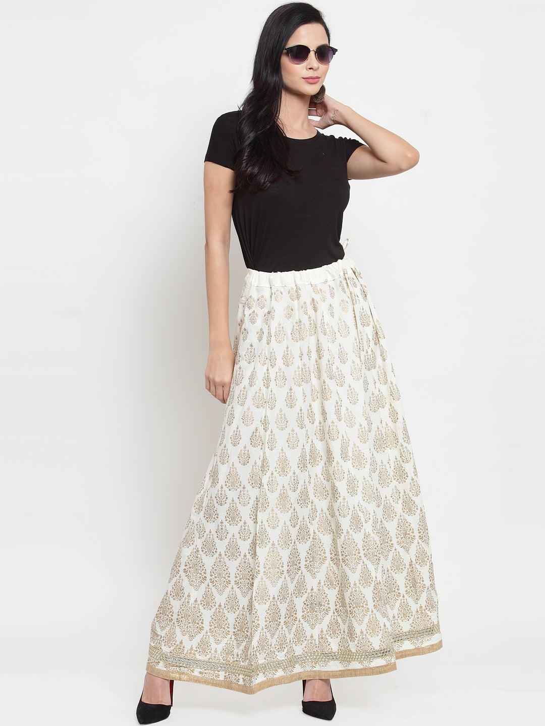 Wahe-NOOR Women's Cream Embellished Rayon Flared Skirt - Distacart