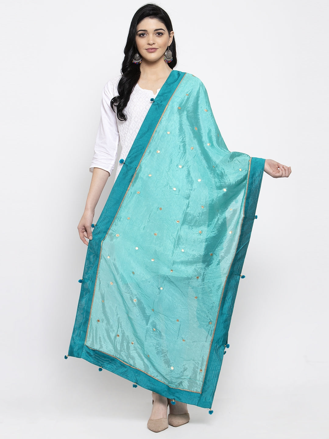 Wahe-NOOR Women's Turquoise Polka Dots Poly Silk Dupatta - Distacart