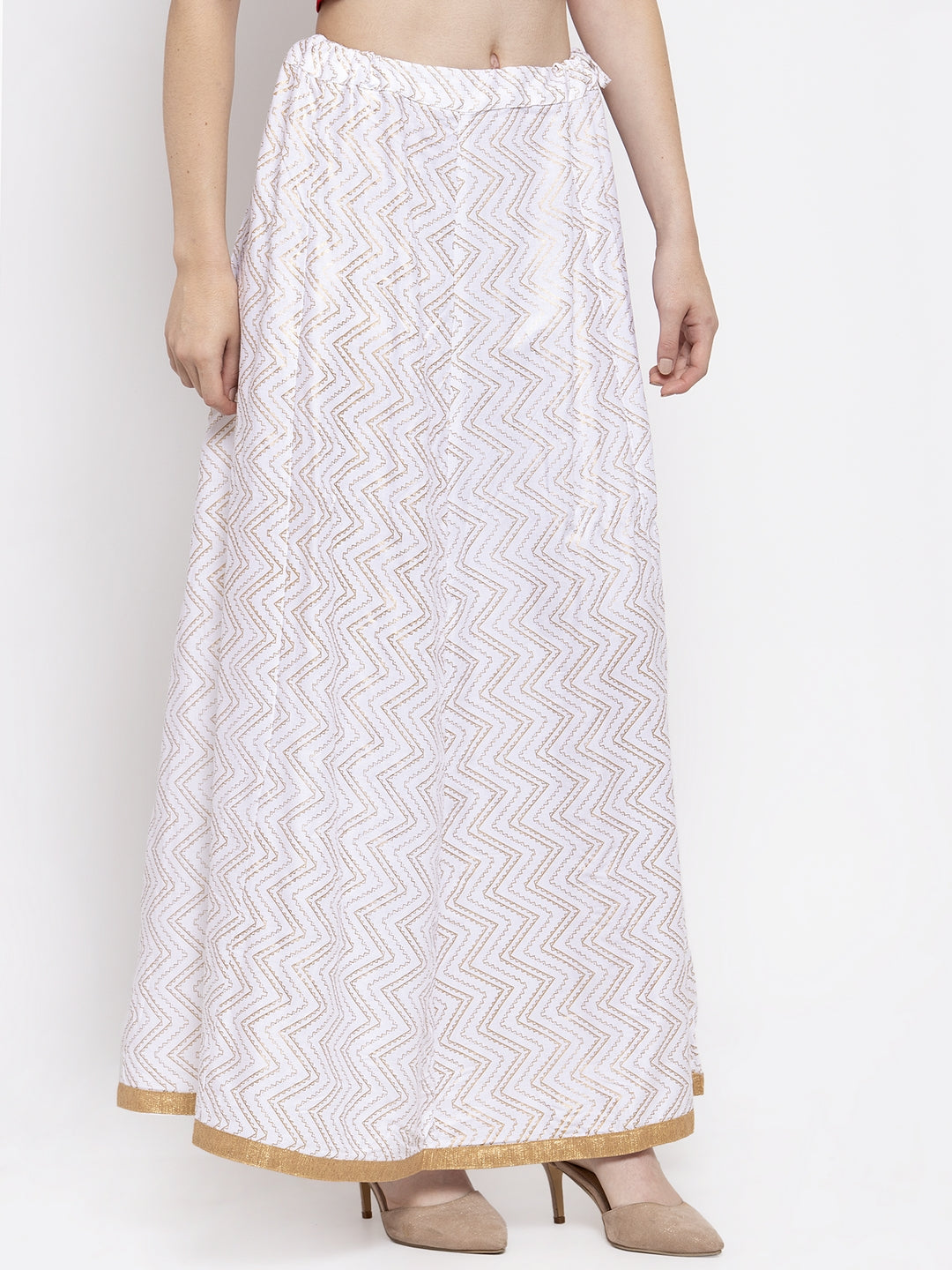 Wahe-NOOR Women's White Zigzag Printed Flared Maxi Skirt - Distacart