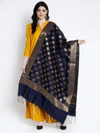 Thumbnail for Wahe-NOOR Women's Navy Blue & Gold Banarsi Poly Silk Dupatta - Distacart