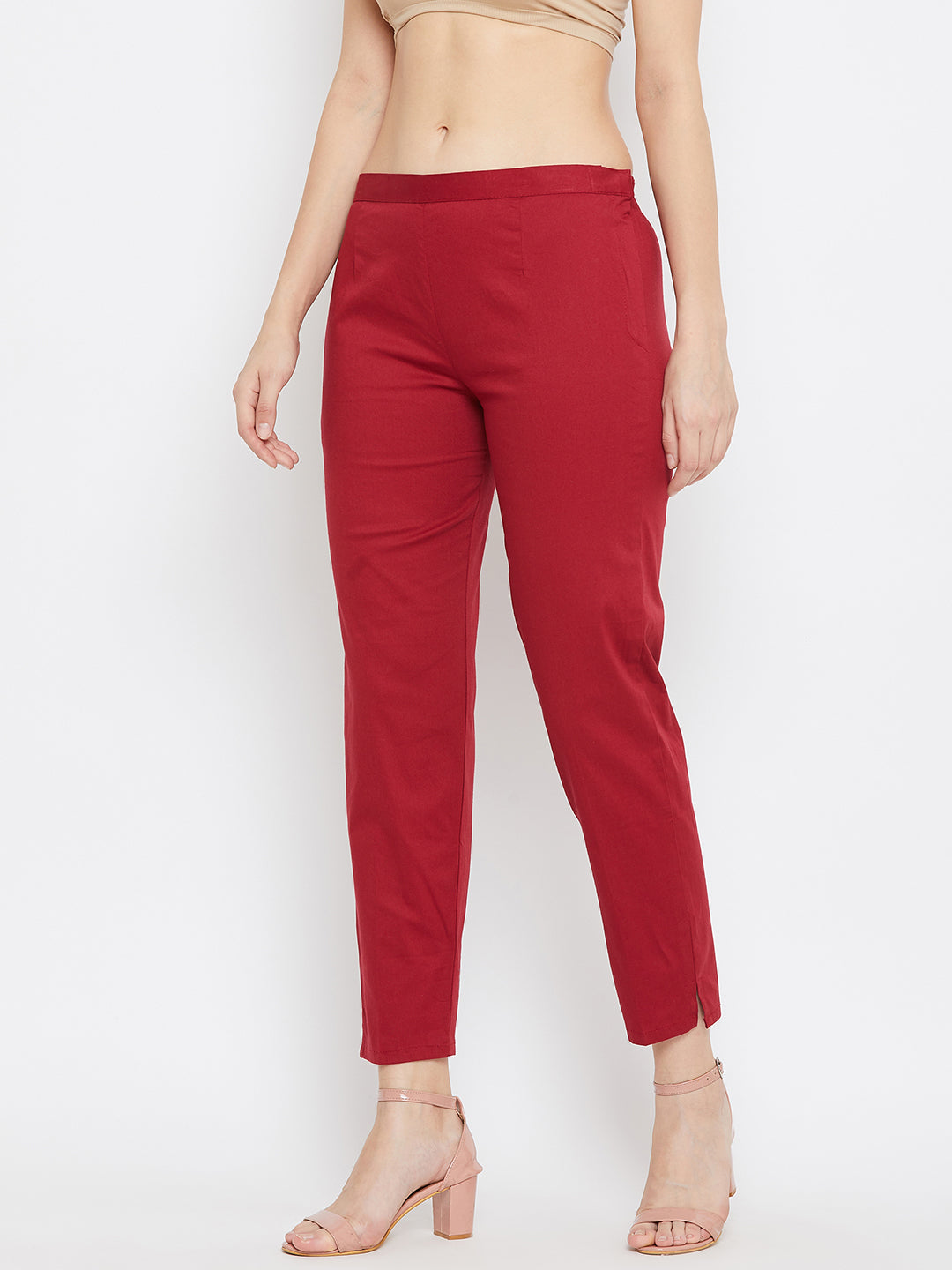 Wahe-NOOR Women's Maroon Regular Fit Solid Pants - Distacart