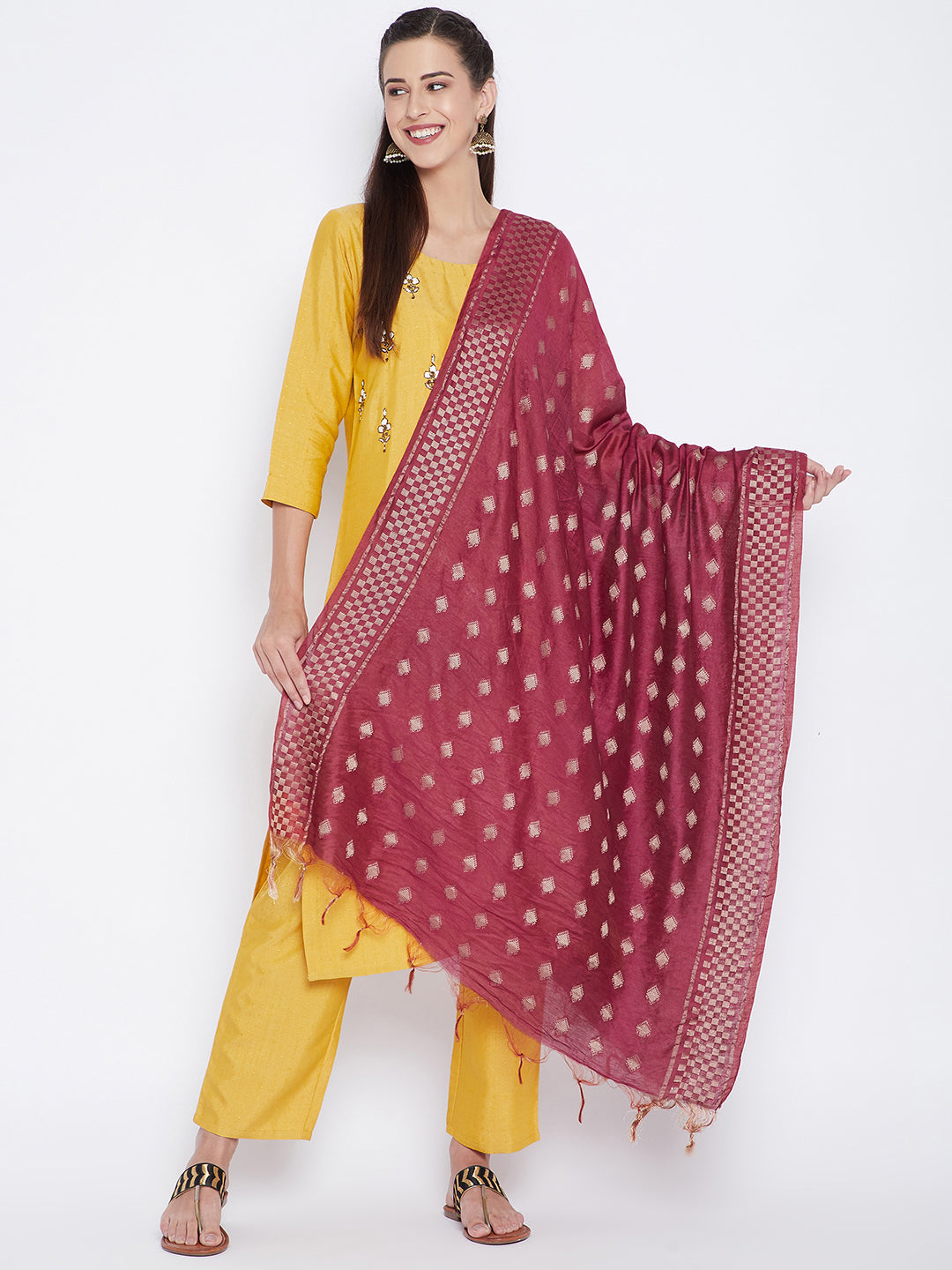 Wahe-NOOR Women's Maroon Self Design Cotton Dupatta - Distacart