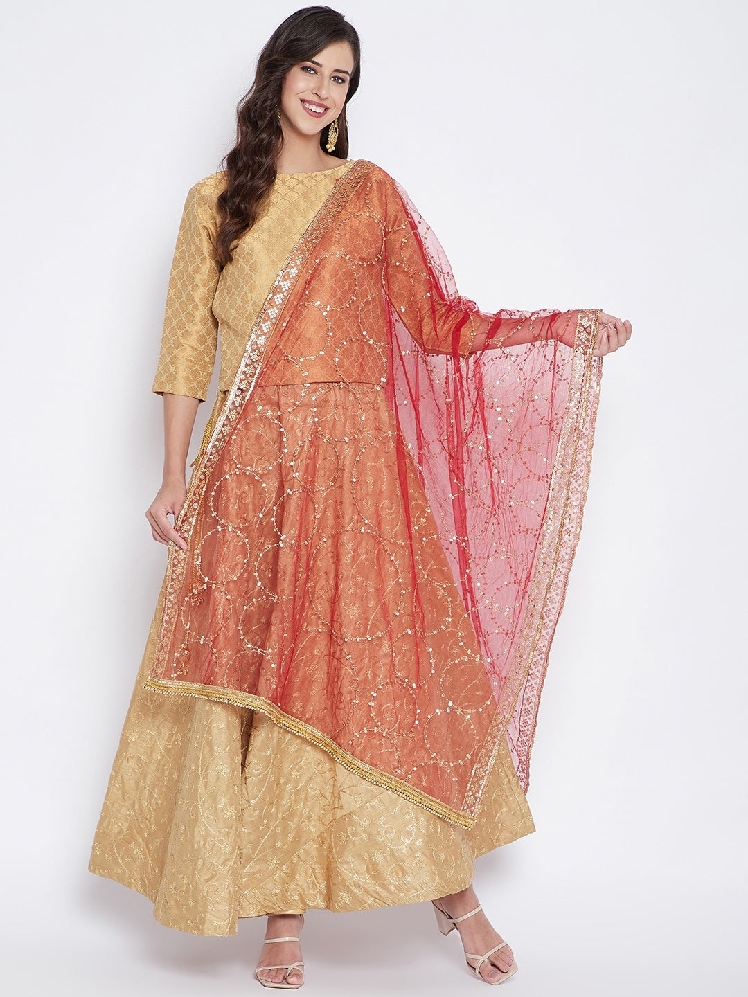 Wahe-NOOR Women's Maroon Golden Embellished Net Dupatta - Distacart