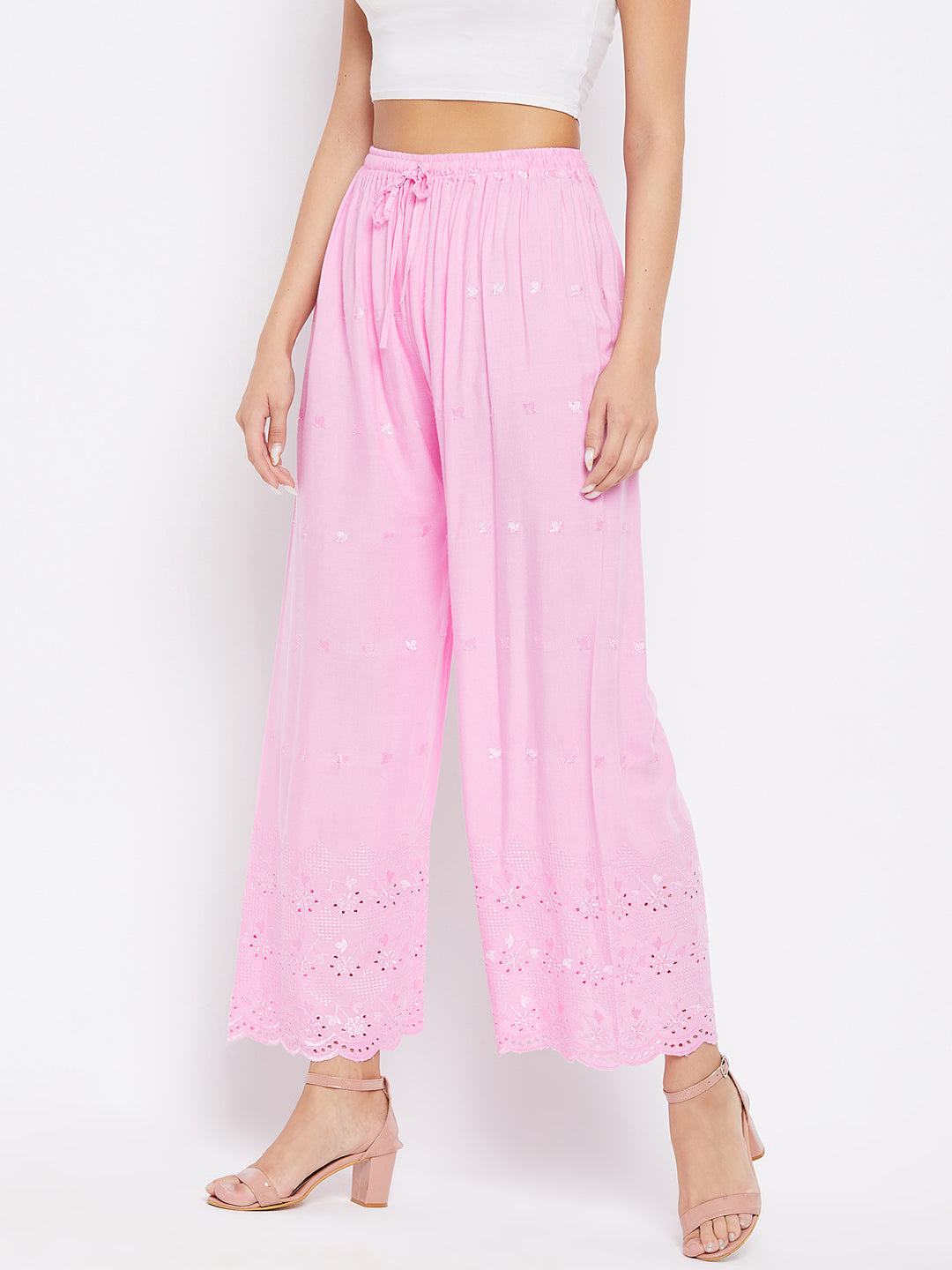 Buy JUBILATE Women's Rayon Loose Fit Flared Wide Leg Palazzo Pants Soft  Plain/Solid Design with Drawstring Elastic - Light Pink Online at Best  Prices in India - JioMart.