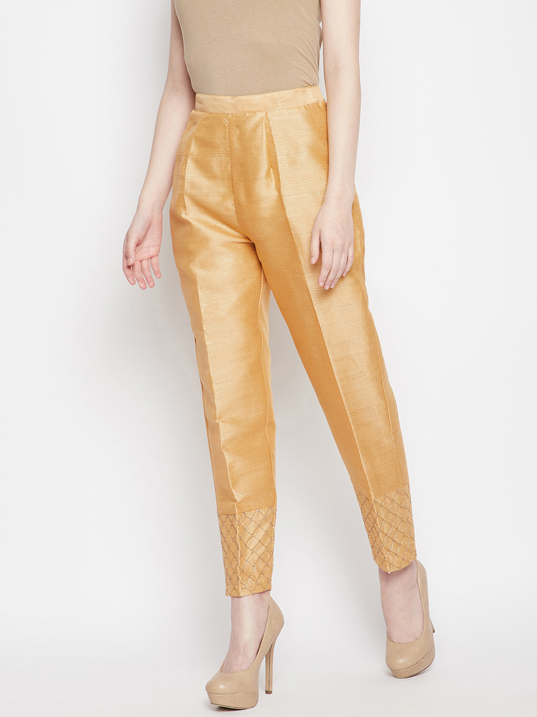 Buy Wahe-NOOR Women's Dark Fawn Hem Design Poly Silk Trouser Online at Best  Price | Distacart