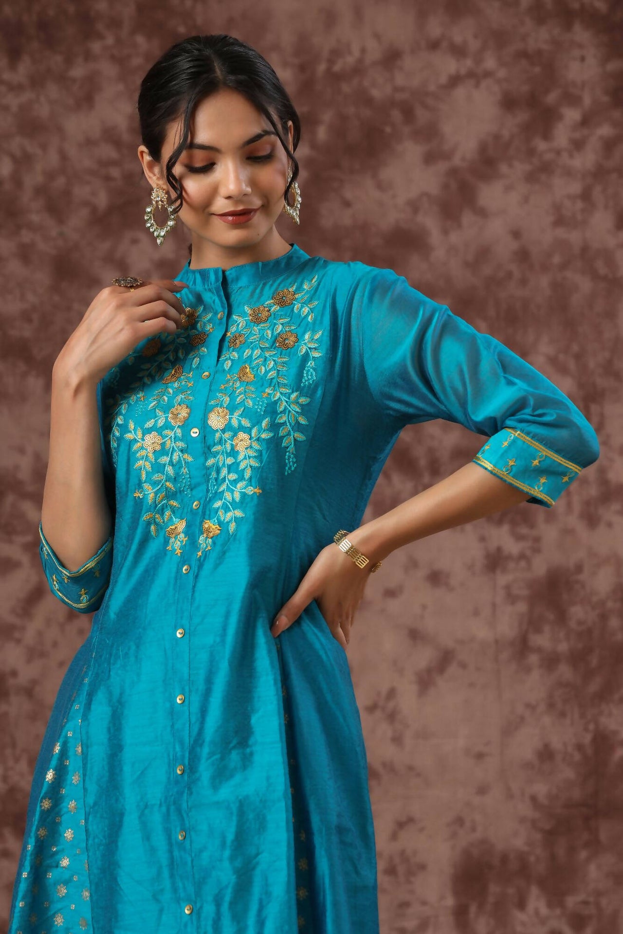 Juniper Women Teal Chanderi Silk Embroidered & Printed Anarkali Kurta - Distacart