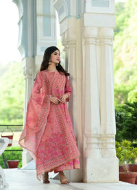 Thumbnail for Yufta Pink Handblocked Printed Kurta with Trouser and Dupatta