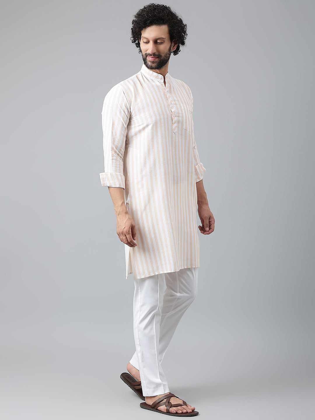 RIAG Beige Men's Ethnic Long Kurta And Pyjama Set - Distacart