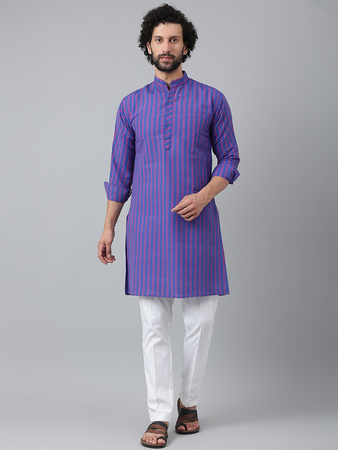 RIAG Navy Blue Color Long Sleeves Ethnic Men's Cotton Long Kurta - Distacart