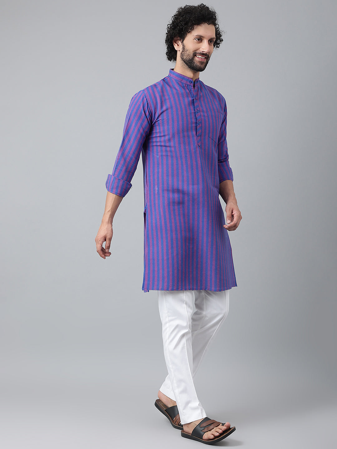 RIAG Navy Blue Color Long Sleeves Ethnic Men's Cotton Long Kurta - Distacart