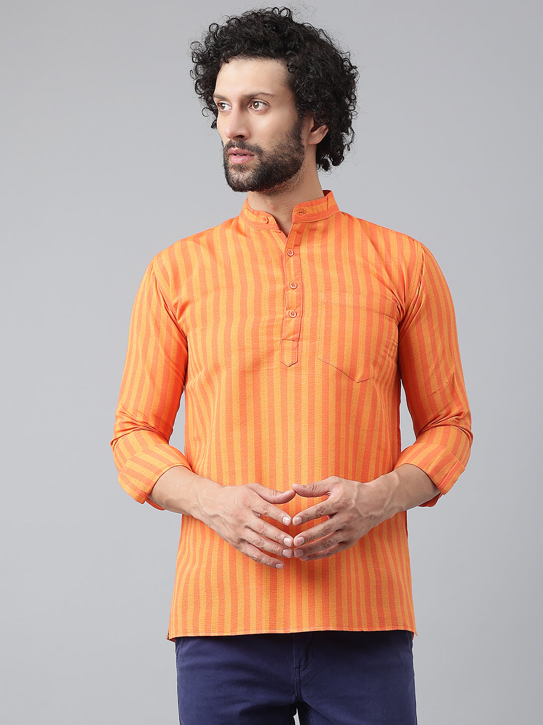 RIAG Orange Color Long Sleeves Casual Men's Cotton Short Kurta - Distacart