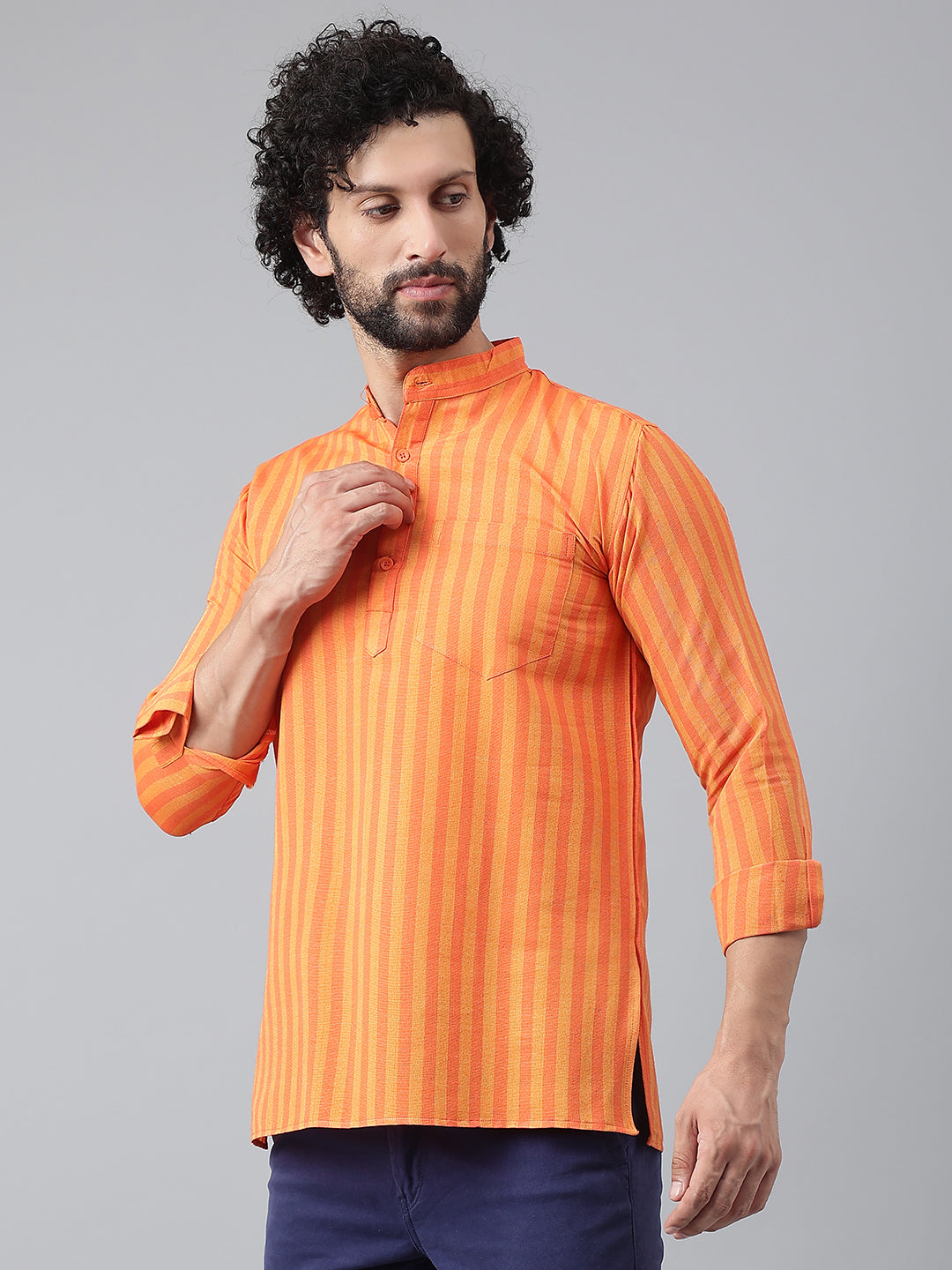 RIAG Orange Color Long Sleeves Casual Men's Cotton Short Kurta - Distacart