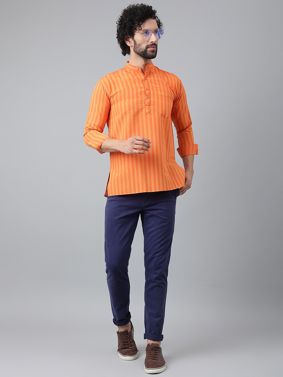 RIAG Orange Color Long Sleeves Casual Men's Cotton Short Kurta - Distacart