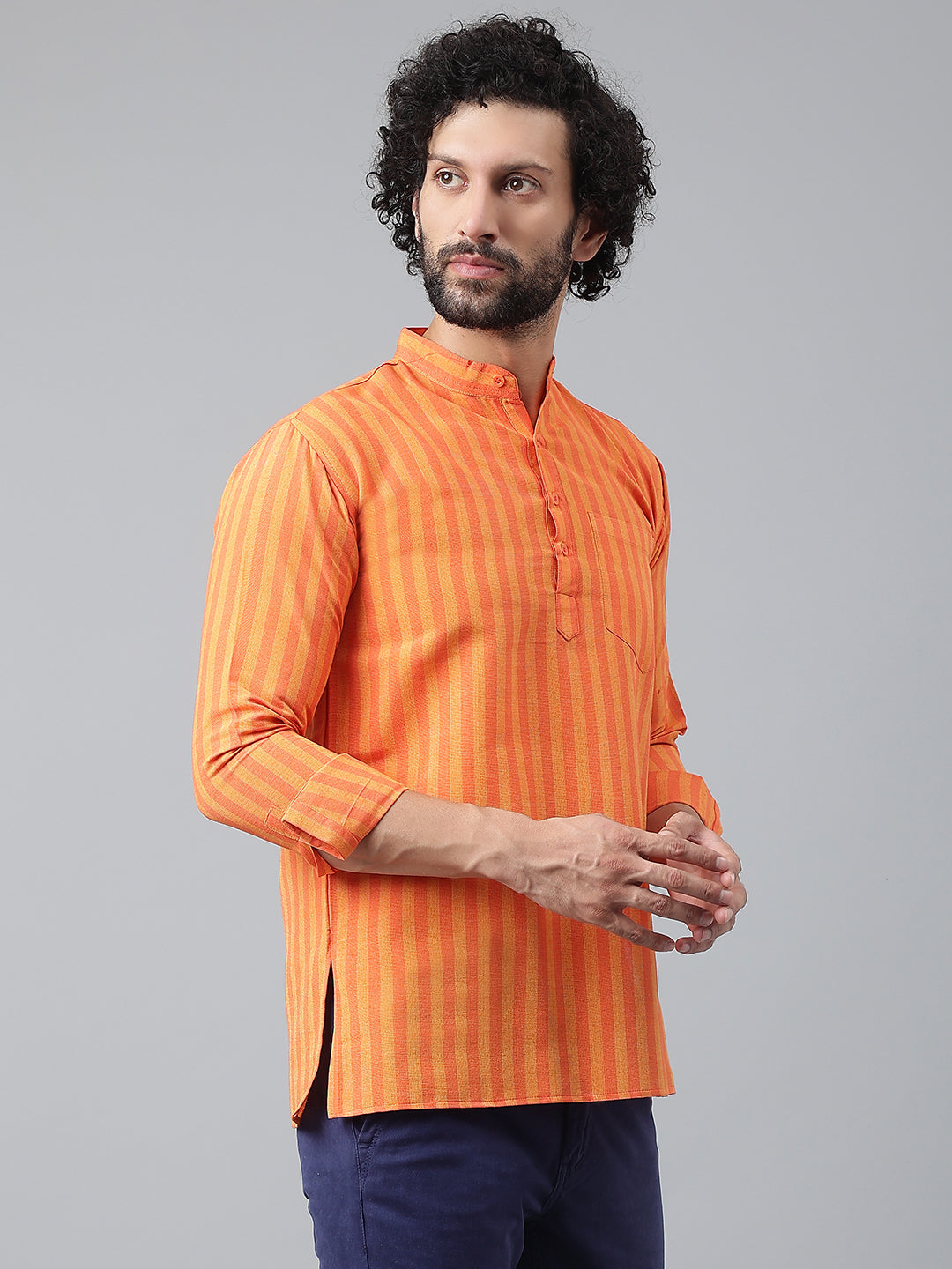 RIAG Orange Color Long Sleeves Casual Men's Cotton Short Kurta - Distacart