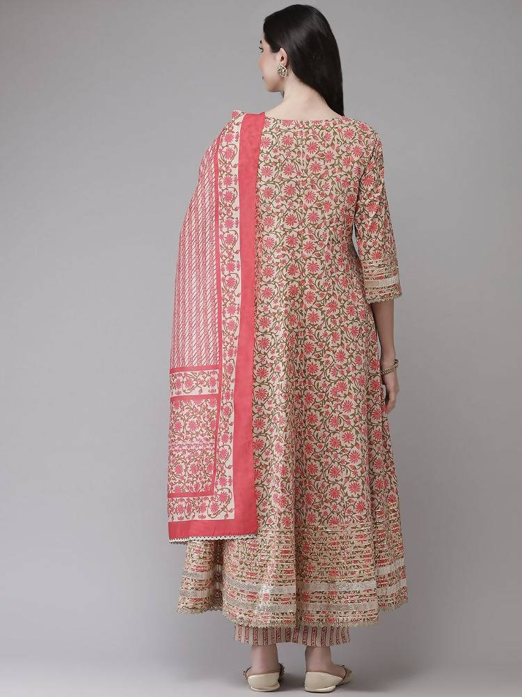 Yufta Women Pink Printed Kurta with Trouser and Dupatta Set