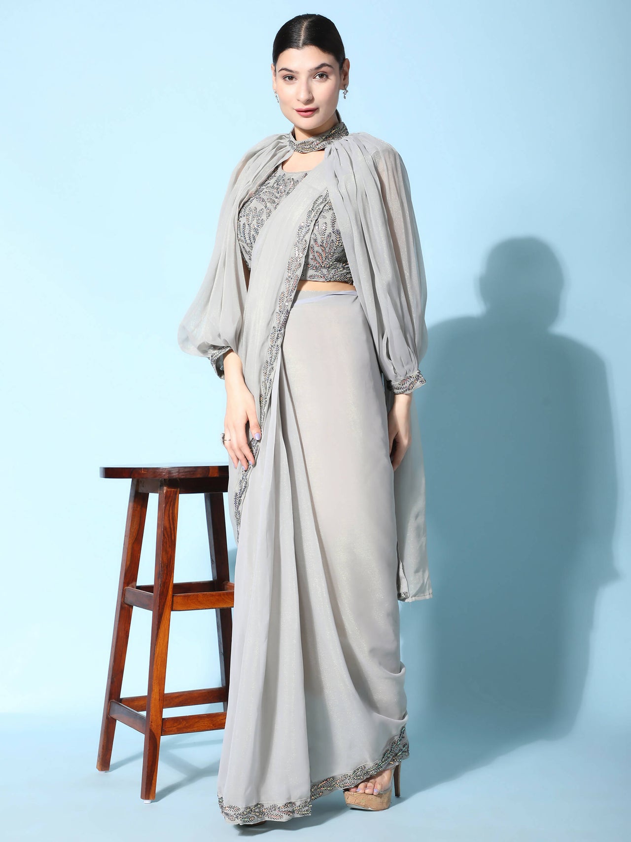 Grey Fancy Pure Fabric Plain Ready to wear Saree with stitched Blouse - Vrinda - Distacart