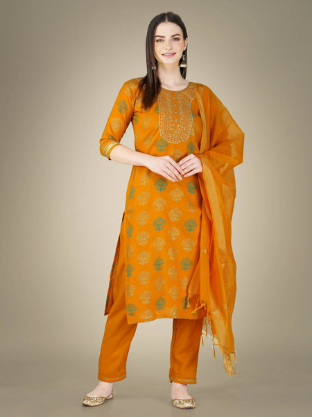 Aastha Fashion Women's Yellow Cotton Magic Slub Embroidery & Sequence Work Kurta with Trouser & Dupatta - Distacart