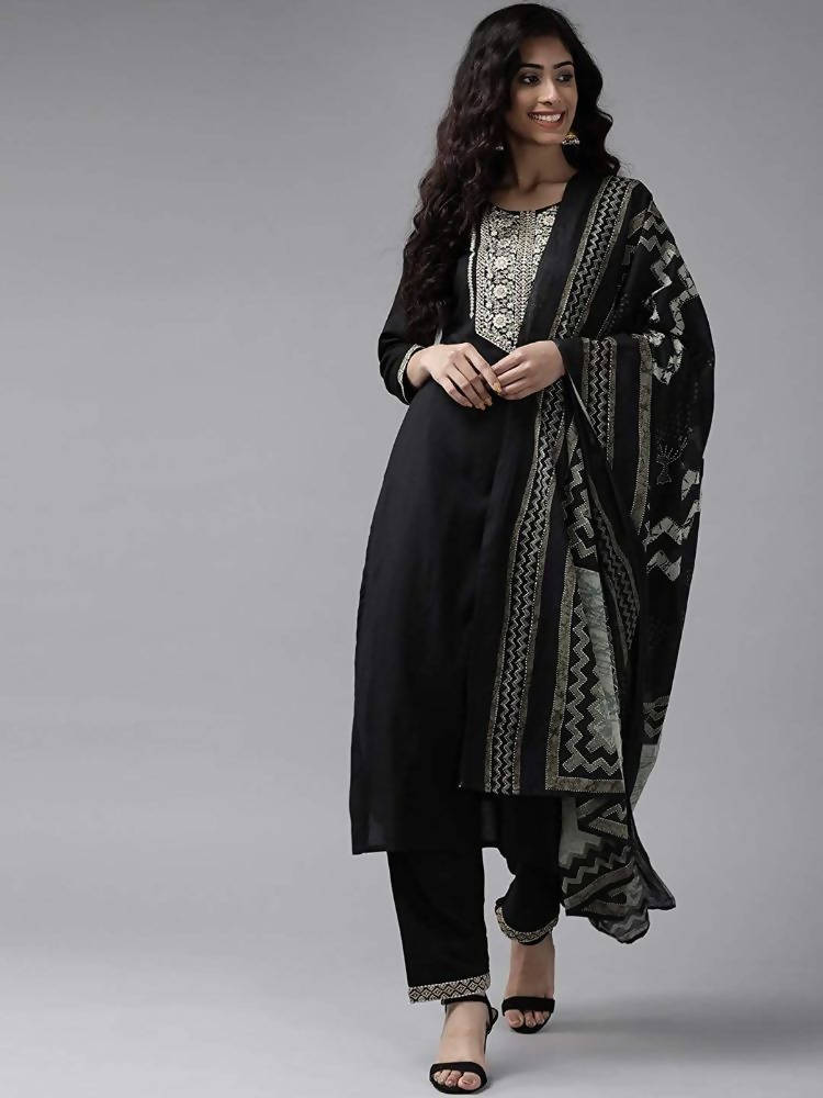 Yufta Women Black & Beige Yoke Design Kurta with Trouser & Dupatta