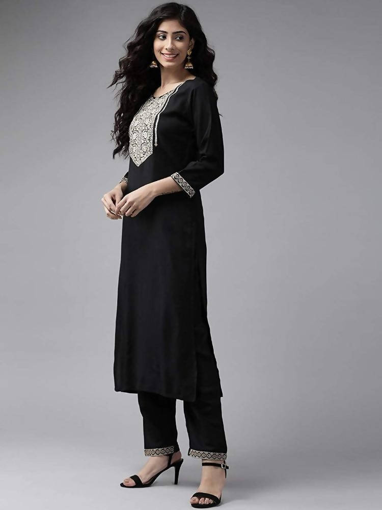 Yufta Women Black & Beige Yoke Design Kurta with Trouser & Dupatta