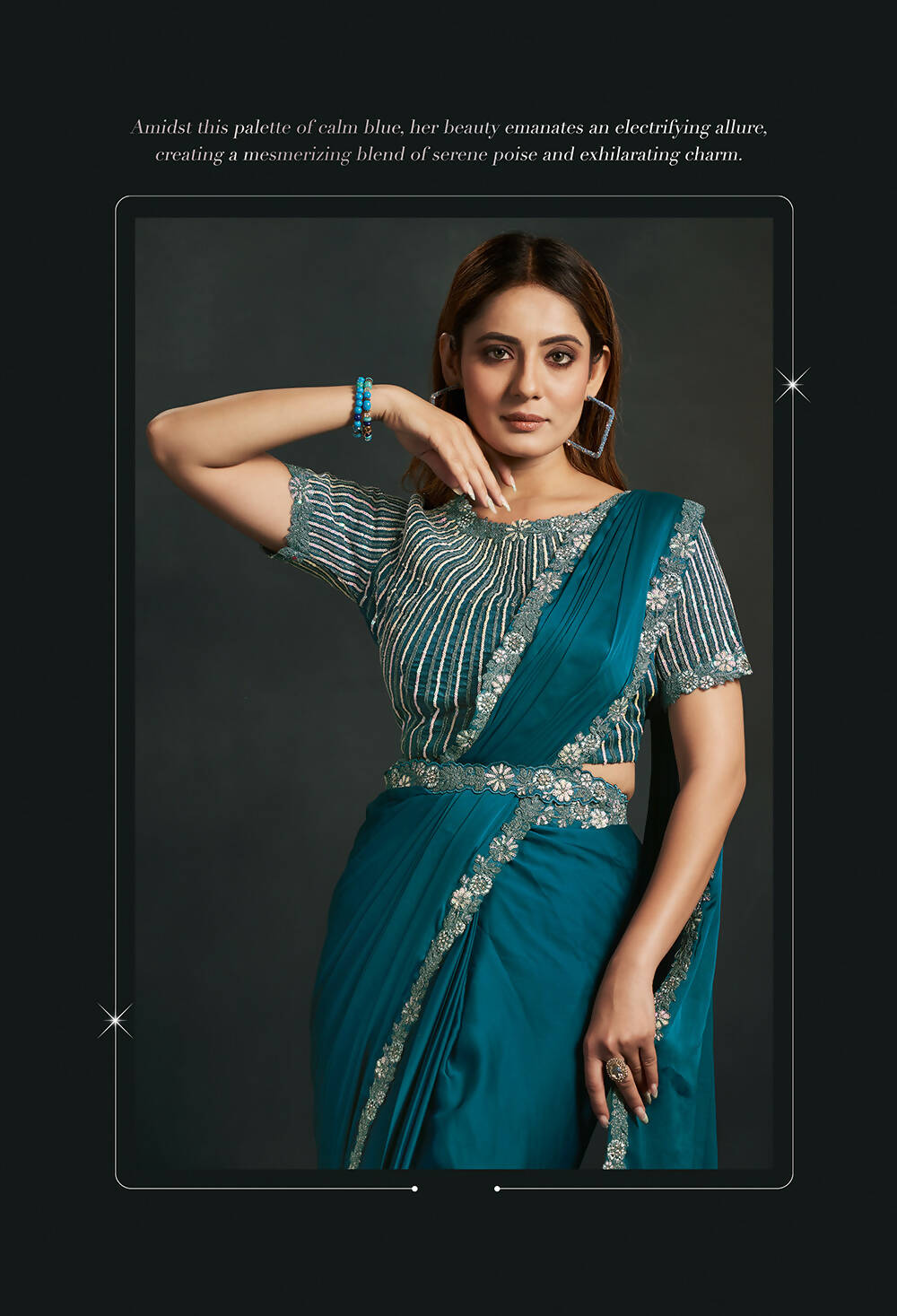 Blue Satin Silk Crepe Cord Sequence & Thread Embroidered & Stone Work Saree - Moh-Manthan Royal Enigma - Distacart