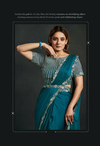 Thumbnail for Blue Satin Silk Crepe Cord Sequence & Thread Embroidered & Stone Work Saree - Moh-Manthan Royal Enigma - Distacart