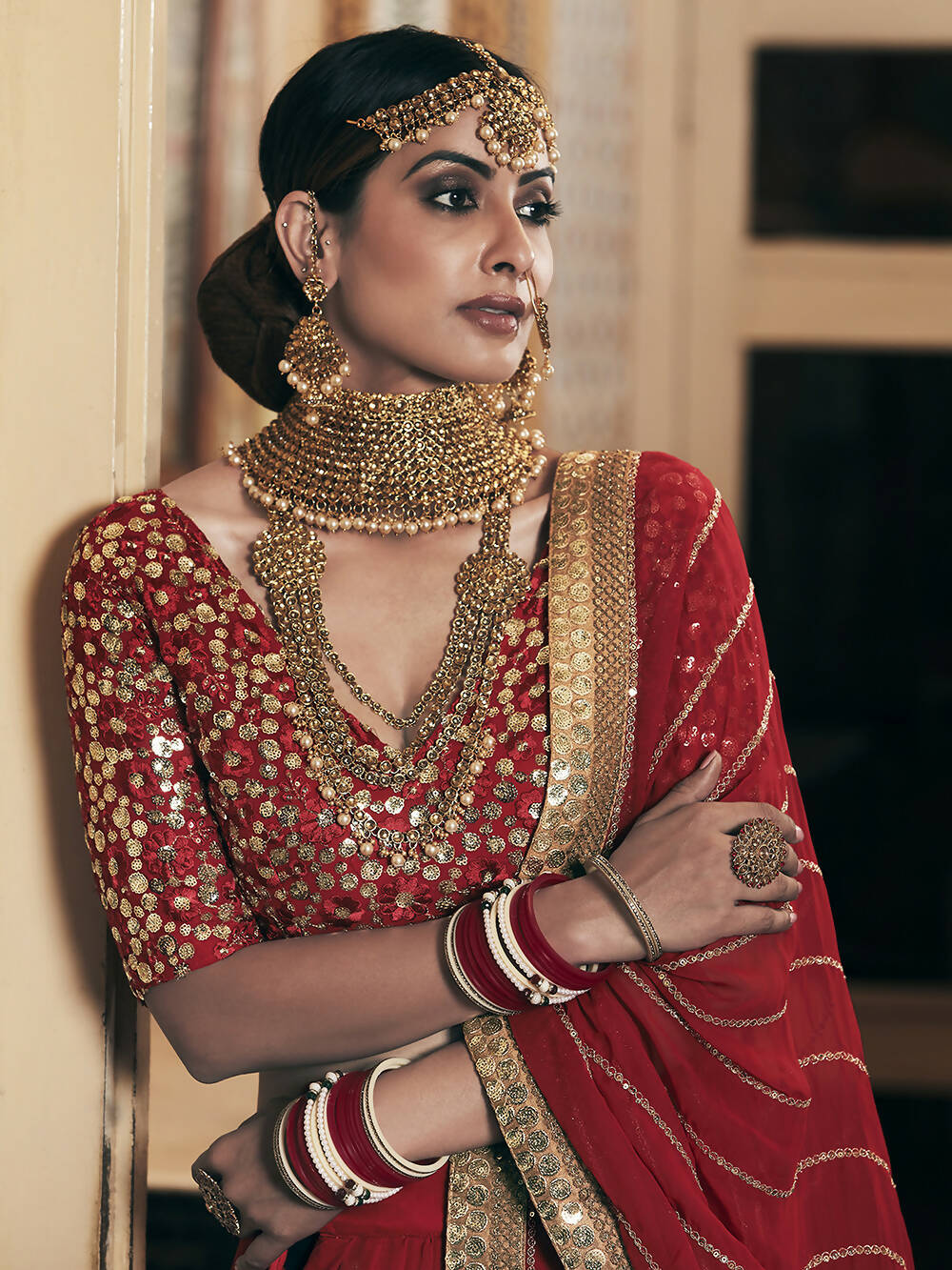 Wedding Designer Sequene Zari Resham Embroidery Red Georgette Lahengha Choli - Anbazaar - Distacart