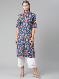 Thumbnail for Wahe-NOOR Women's Blue Floral Print Cotton Straight Kurta - Distacart