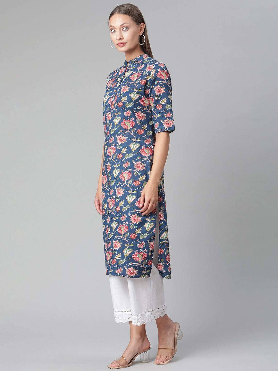 Wahe-NOOR Women's Blue Floral Print Cotton Straight Kurta - Distacart