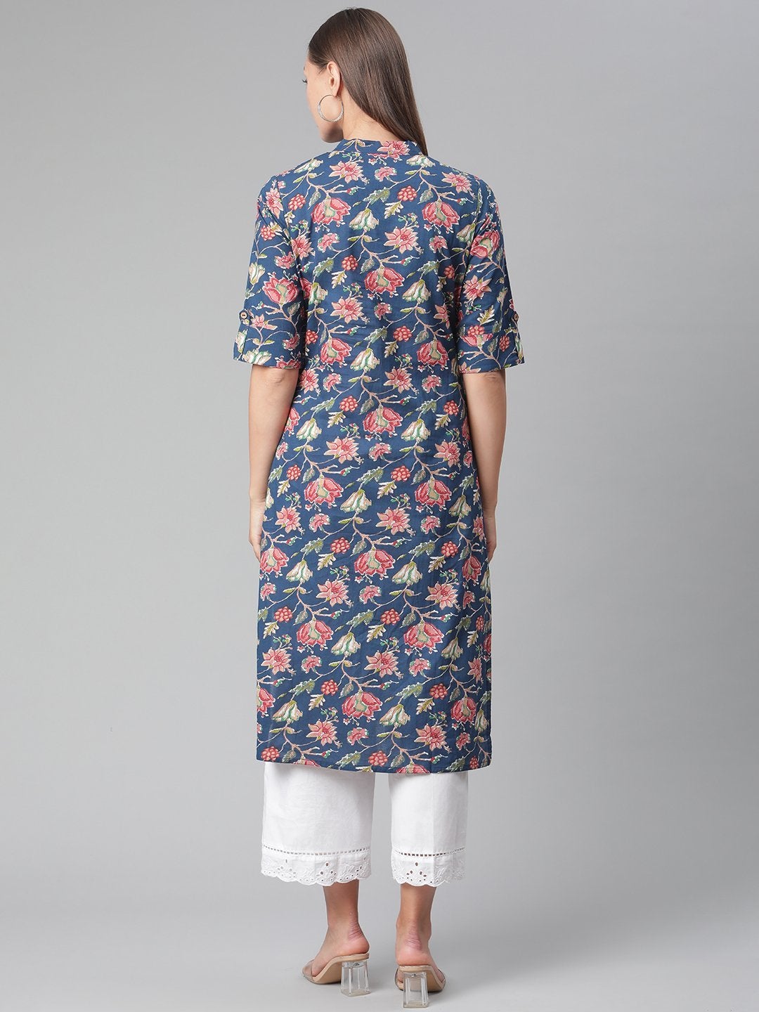 Wahe-NOOR Women's Blue Floral Print Cotton Straight Kurta - Distacart