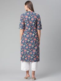 Thumbnail for Wahe-NOOR Women's Blue Floral Print Cotton Straight Kurta - Distacart