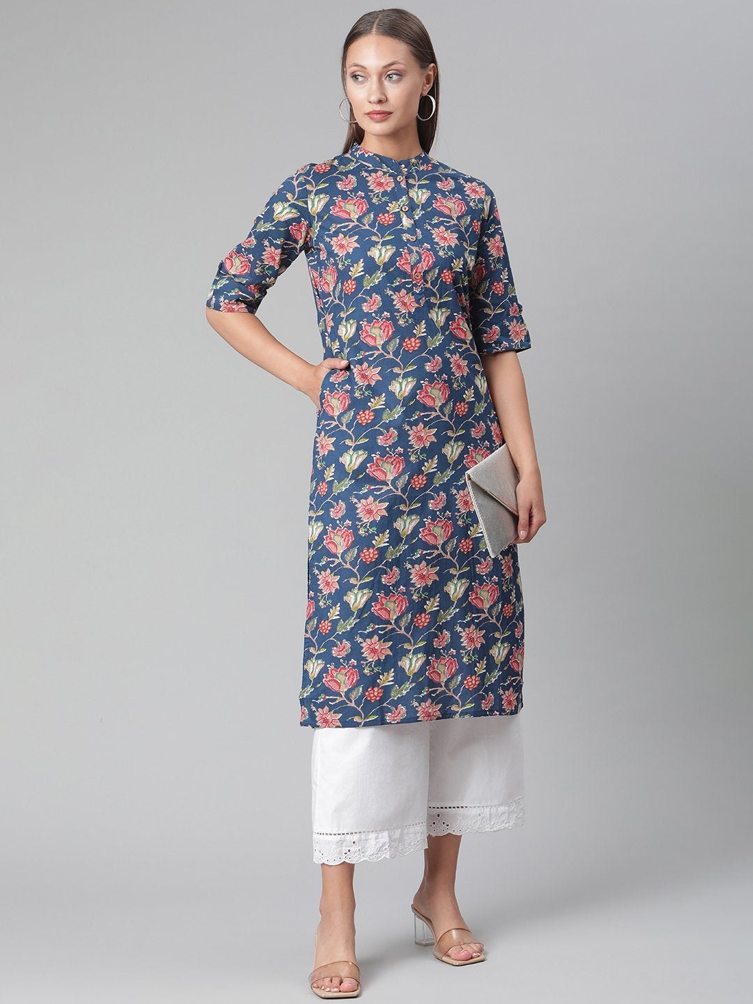 Wahe-NOOR Women's Blue Floral Print Cotton Straight Kurta - Distacart