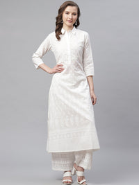 Thumbnail for Wahe-NOOR Women's White Printed Cotton Kurti With Palazzo - Distacart