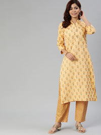 Thumbnail for Wahe-NOOR Women's Yellow Flower Print Cotton Kurta Set - Distacart