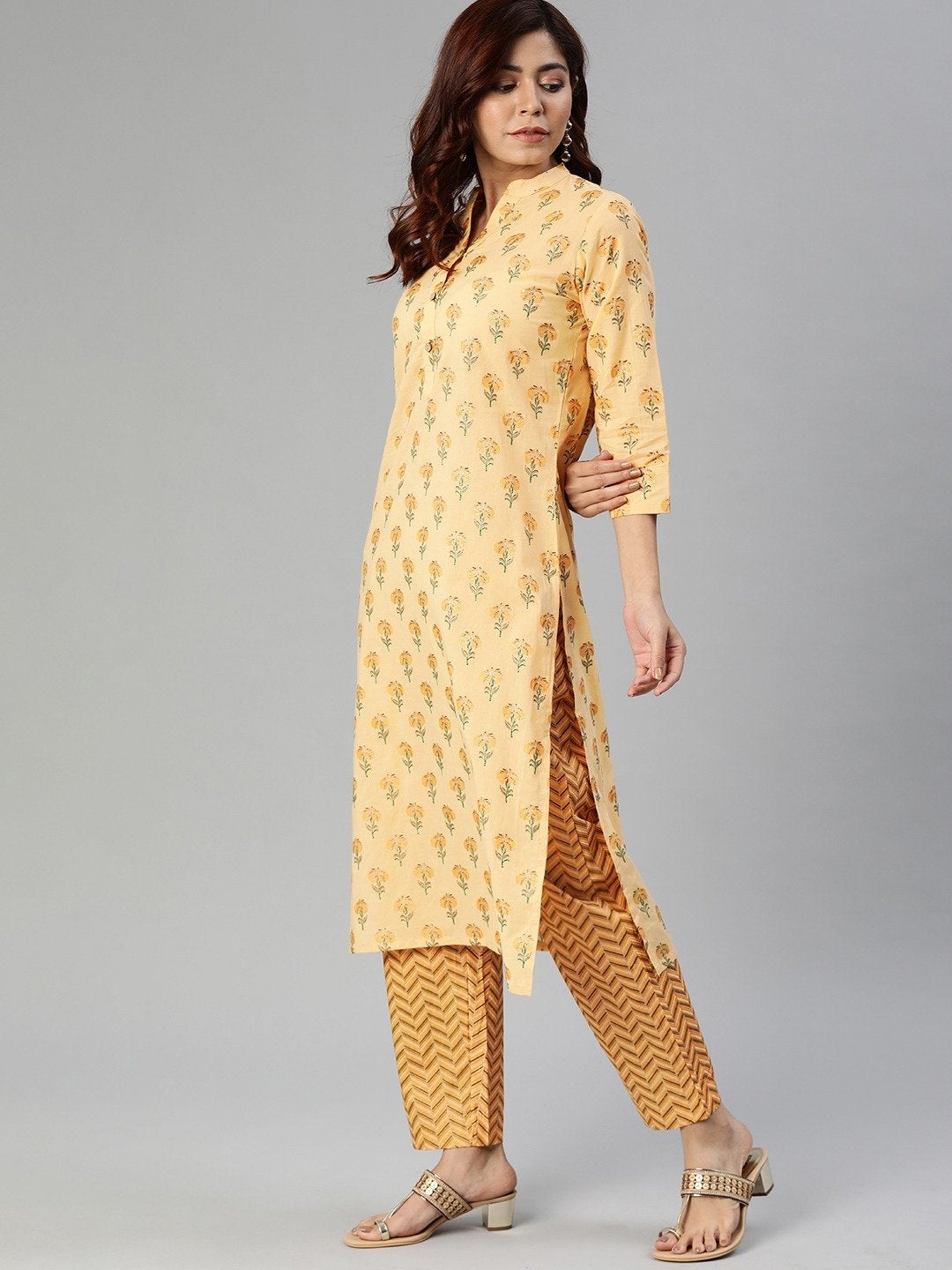 Wahe-NOOR Women's Yellow Flower Print Cotton Kurta Set - Distacart