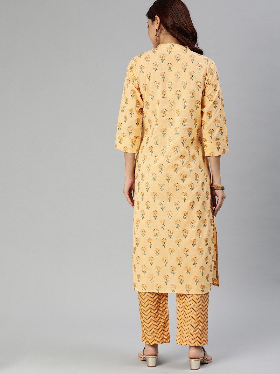 Wahe-NOOR Women's Yellow Flower Print Cotton Kurta Set - Distacart