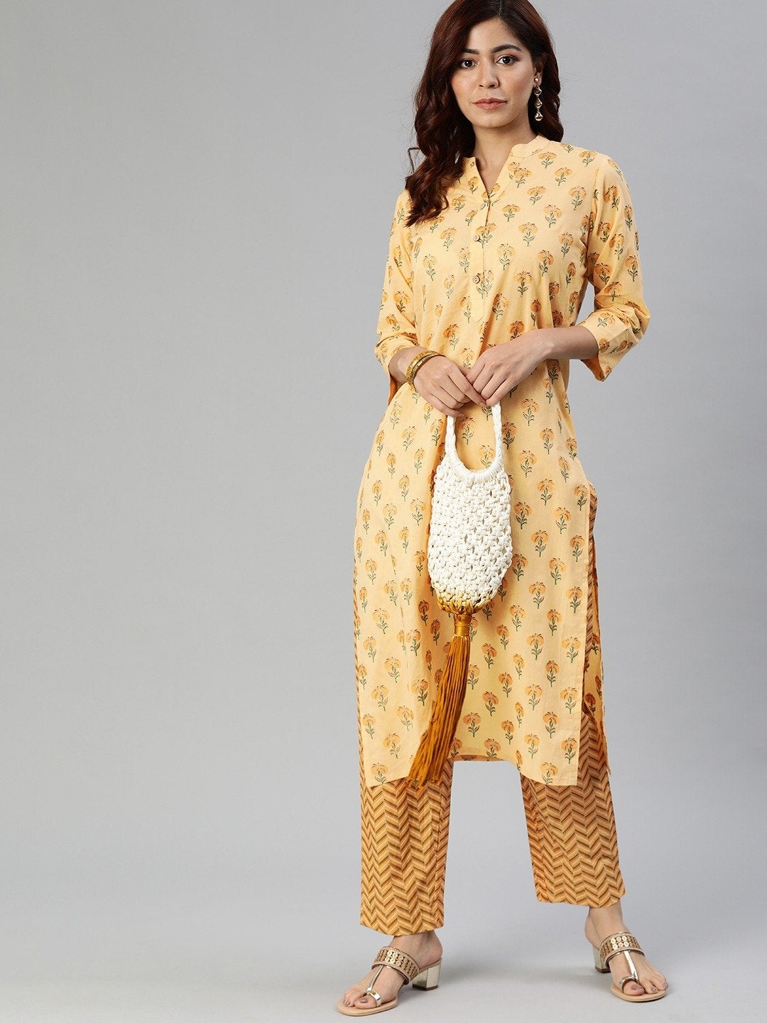 Wahe-NOOR Women's Yellow Flower Print Cotton Kurta Set - Distacart