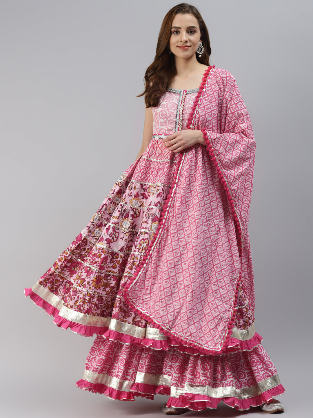 Wahe-NOOR Women's Pink Cotton Sleeves Less Anarkali Sharara Set With Dupatta - Distacart