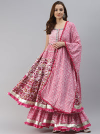 Thumbnail for Wahe-NOOR Women's Pink Cotton Sleeves Less Anarkali Sharara Set With Dupatta - Distacart