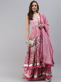 Thumbnail for Wahe-NOOR Women's Pink Cotton Sleeves Less Anarkali Sharara Set With Dupatta - Distacart