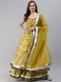 Thumbnail for Wahe-NOOR Women's Yellow Cotton Sleeves Less Anarkali Skirt Set With Dupatta - Distacart