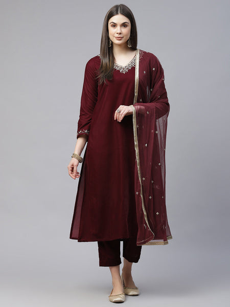 Wahe-NOOR Women's Maroon Velvet Hand Work Kurta Pant With Net Dupatta Set - Distacart