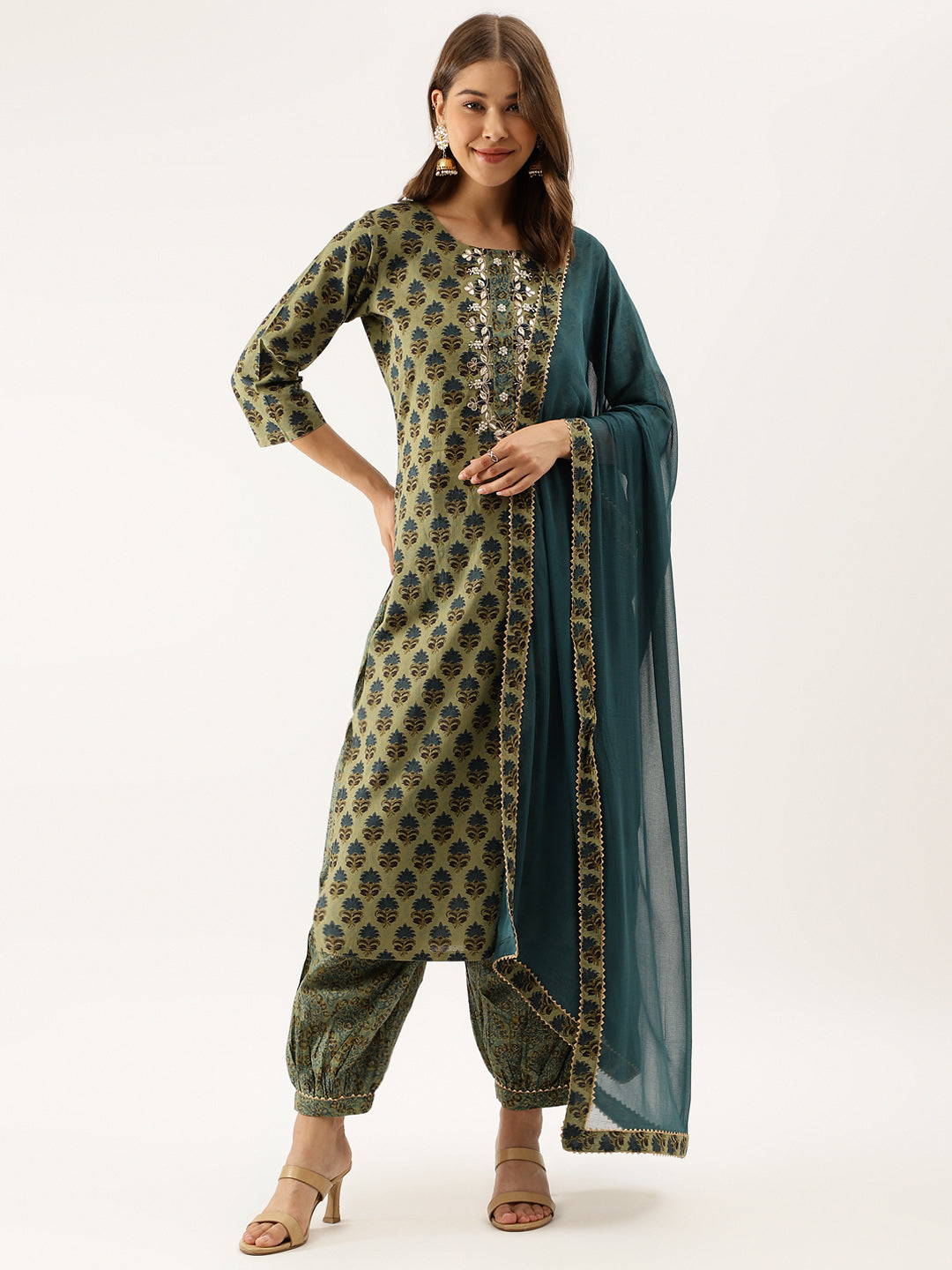 Buy NOZ2TOZ Women's Green Floral Print Cotton Embroidered Kurta set with  Dupatta Online at Best Price