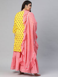 Thumbnail for NOZ2TOZ Women's Yellow Printed Kurta With Lahariya Sharara And Ruffled Dupatta Set - Distacart