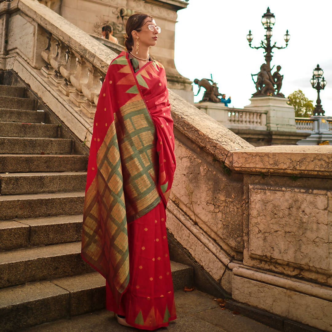 Handloom Red Pure Kosa Silk Saree With Golden Zari Work In Border –  WeaverStory