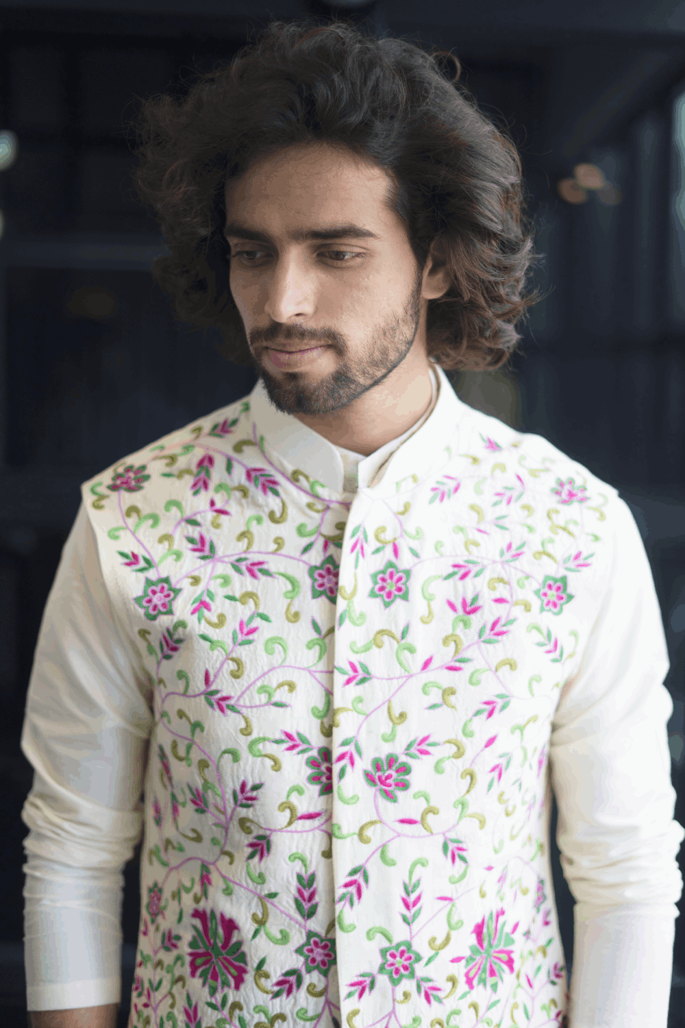 White floral 2025 nehru jacket